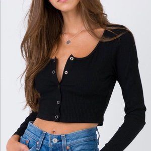Princess Polly Black Ribbed Crop Top Snap Front